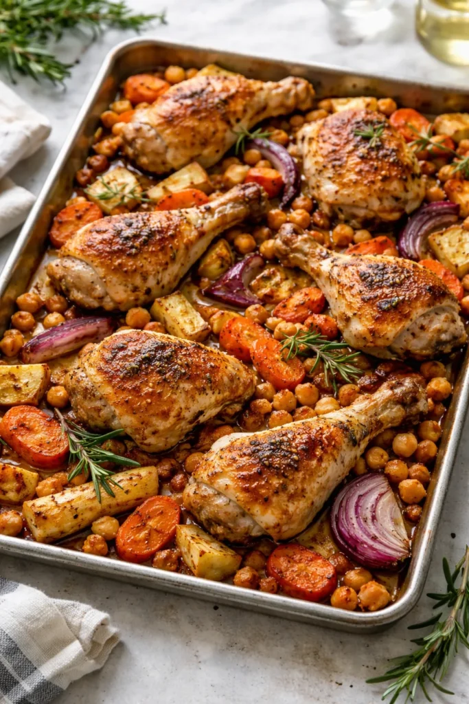 Sheet pan with roasted rosemary chicken, chickpeas, and root vegetables