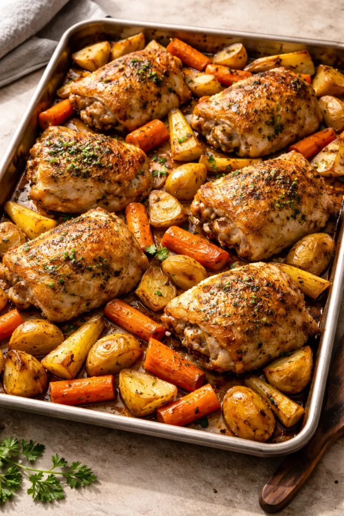 Sheet pan chicken thighs with roasted root vegetables