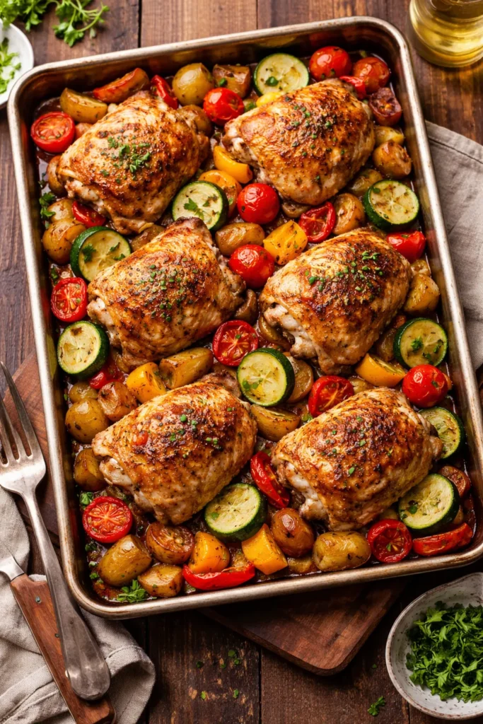 Sheet pan with crispy chicken thighs and roasted vegetables