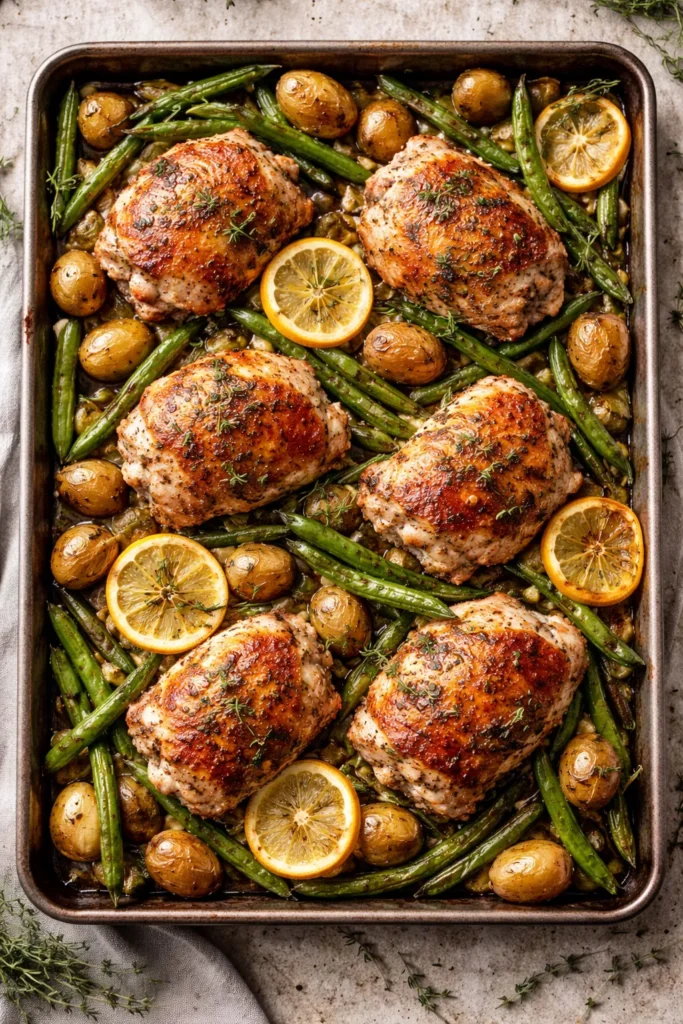 One-pan lemon chicken and roasted vegetables including potatoes and green beans