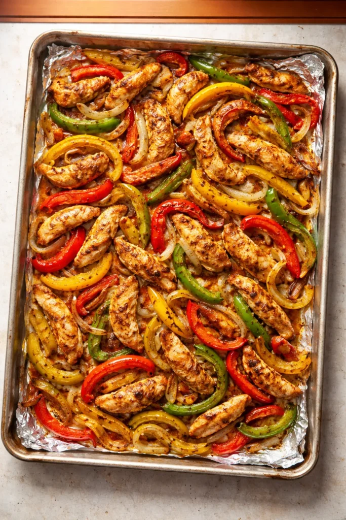 Sheet pan chicken fajitas with peppers and onions in a single layer