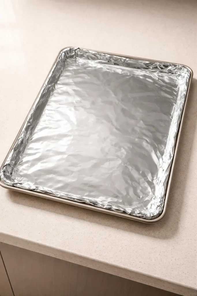 Foil-lined rimmed sheet pan ready for easy cleanup