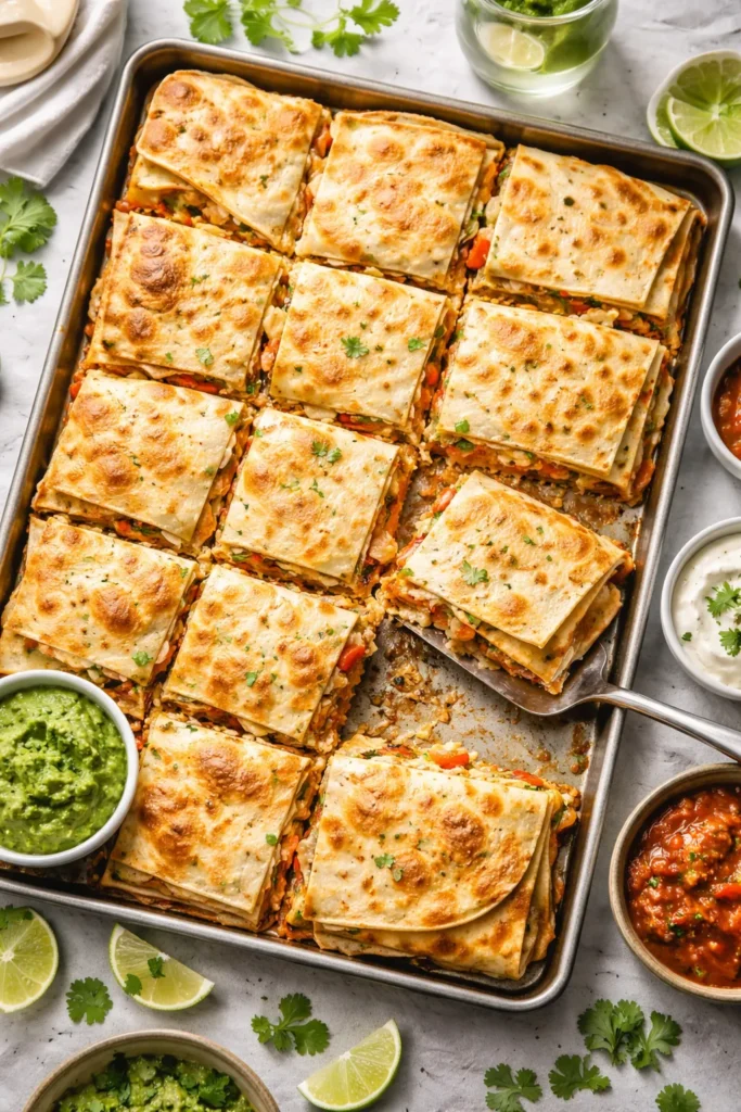 Sheet pan quesadillas on a baking sheet ready to serve