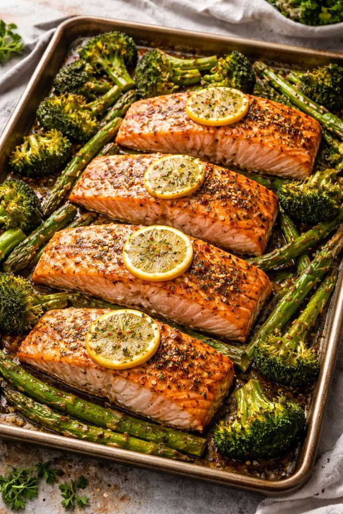 Sheet-pan salmon with roasted broccoli and asparagus in warm kitchen light