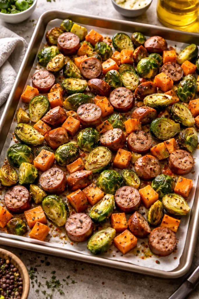 Sheet-pan dinner with gluten-free sausage, sweet potatoes, and Brussels sprouts ready to roast