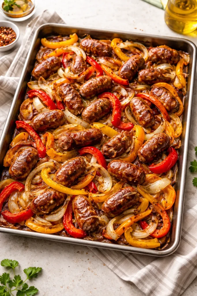 Sheet pan sausage and peppers with roasted onions on a kitchen counter