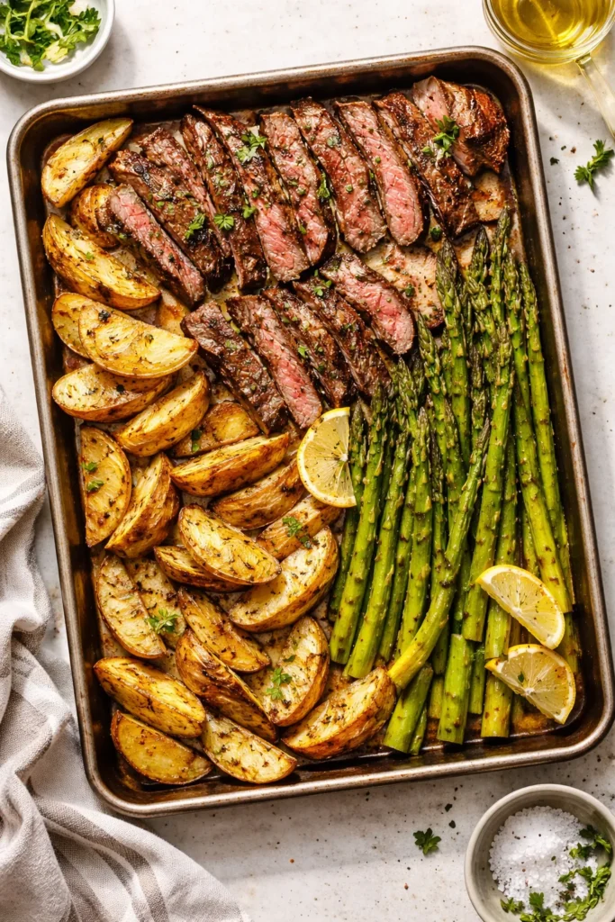 Sheet pan steak with roasted potatoes and asparagus on a single pan