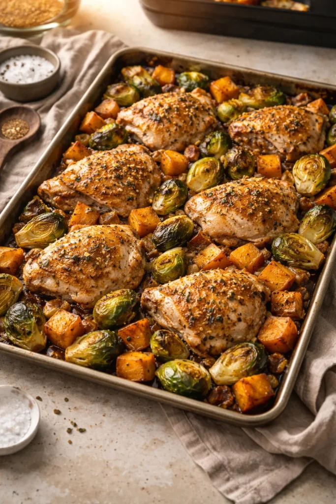 Sheet-pan roasted chicken with sweet potatoes and Brussels sprouts on a pan.