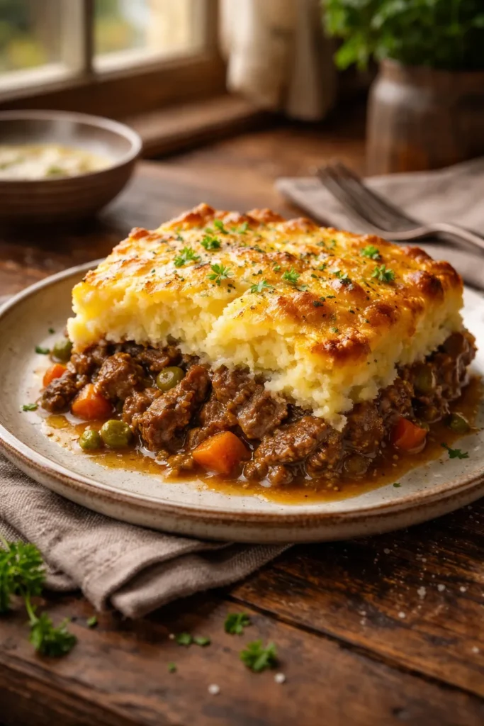 Close-up of shepherd's pie slice with golden mashed potato crust