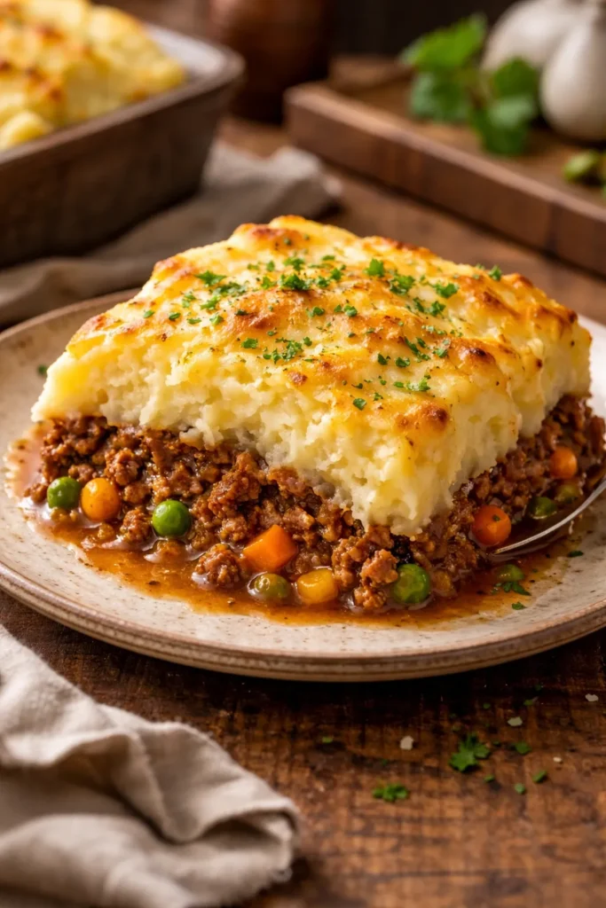 Slice of shepherd's pie showing mashed potato top and beef filling