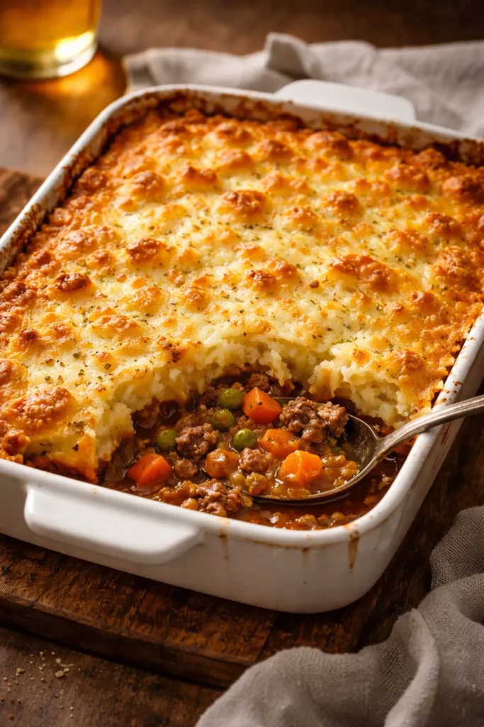 Shepherd's pie with golden mashed potato crust in a baking dish