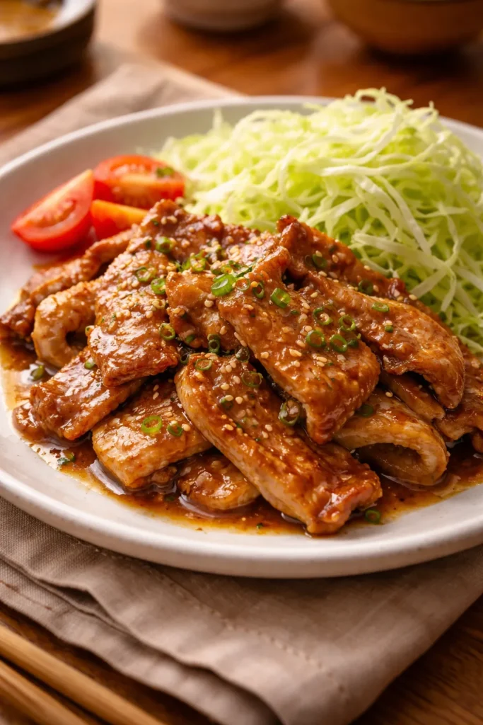 Thinly sliced pork with gingery glaze on a plate