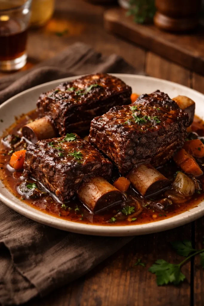 Close-up of bone-in short ribs in glossy braise on rustic plate