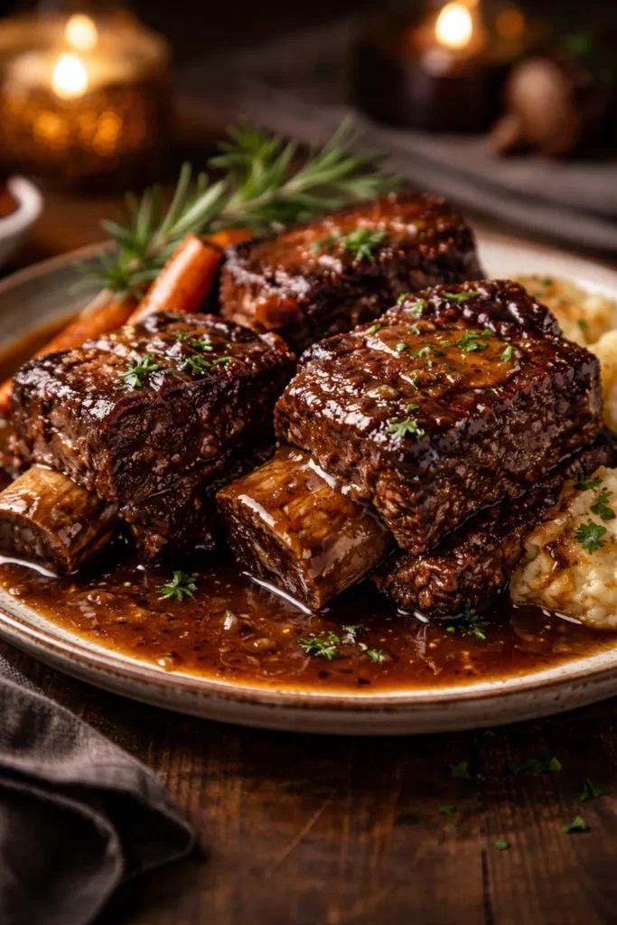 Braised beef short ribs in rich sauce on plate