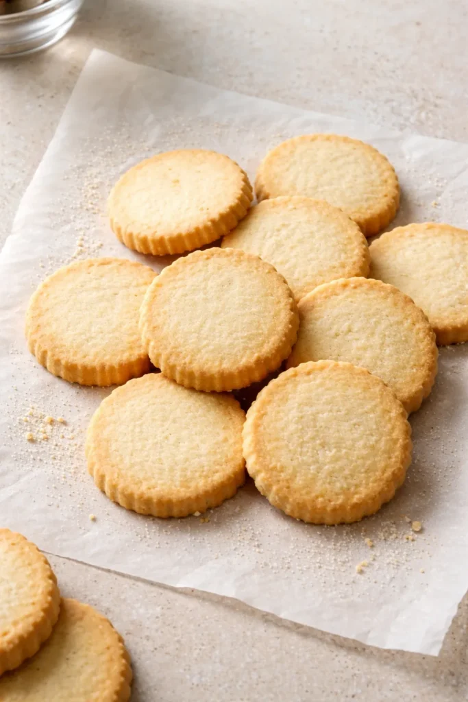 Three pale golden shortbread cookies on parchment-lined surface.