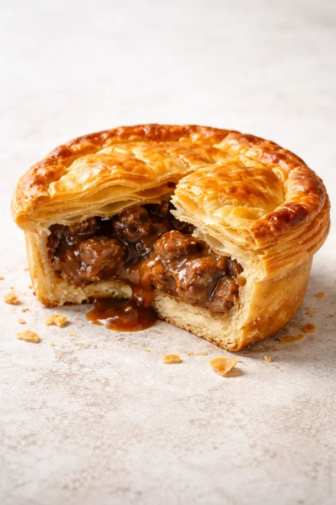 Cross-section of Aussie meat pie showing shortcrust base and puff pastry lid