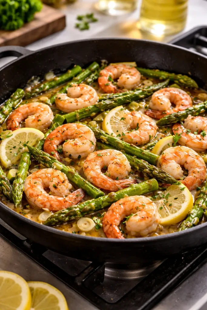 Garlic shrimp and asparagus in a skillet with a light pan sauce