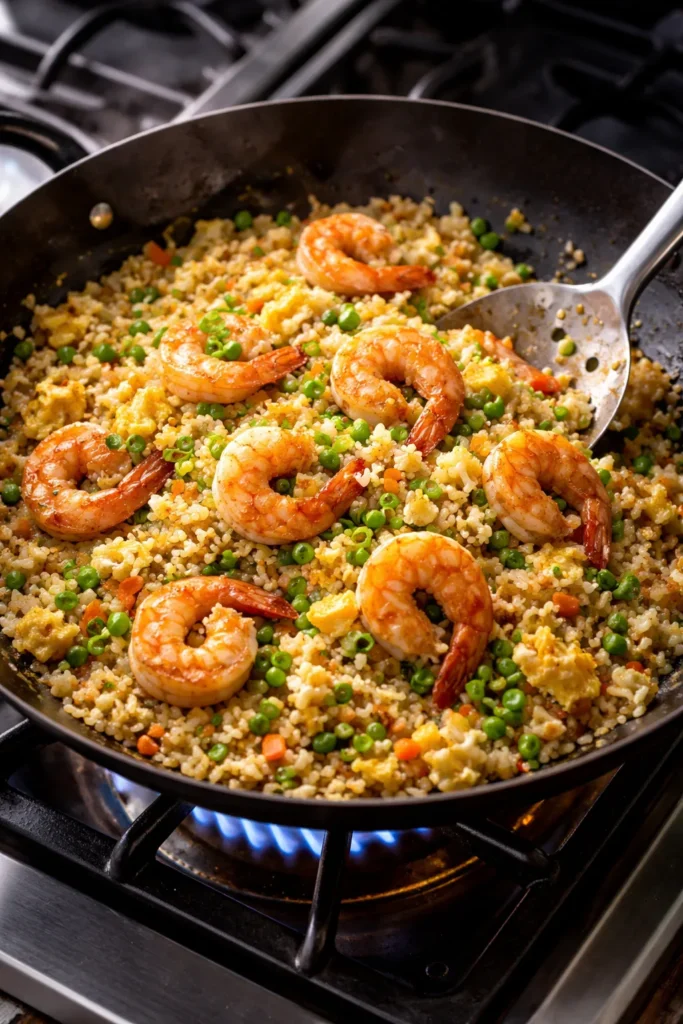 Shrimp with cauliflower fried rice in a hot wok