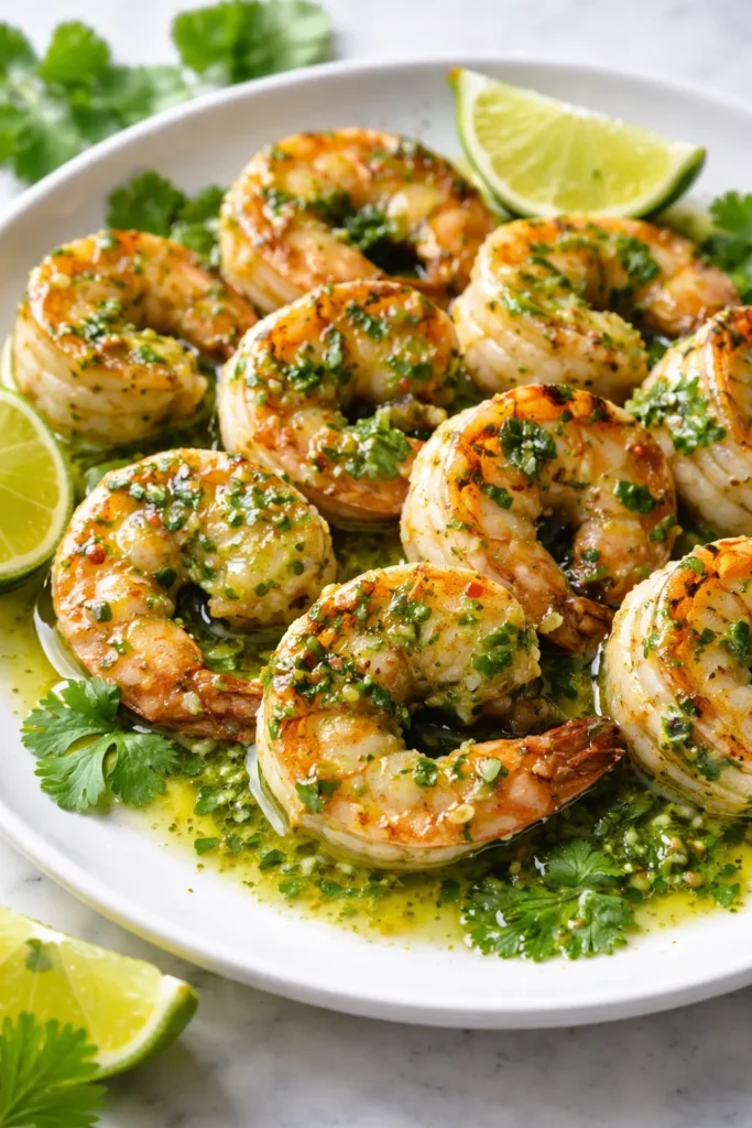 Close-up of shrimp with cilantro sauce on a plate.