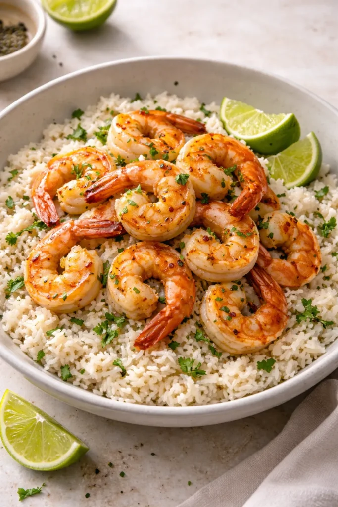 Shrimp on coconut rice with lime
