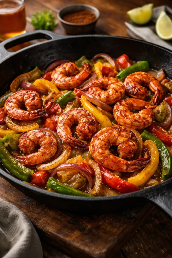 Shrimp fajitas with paprika crust and peppers