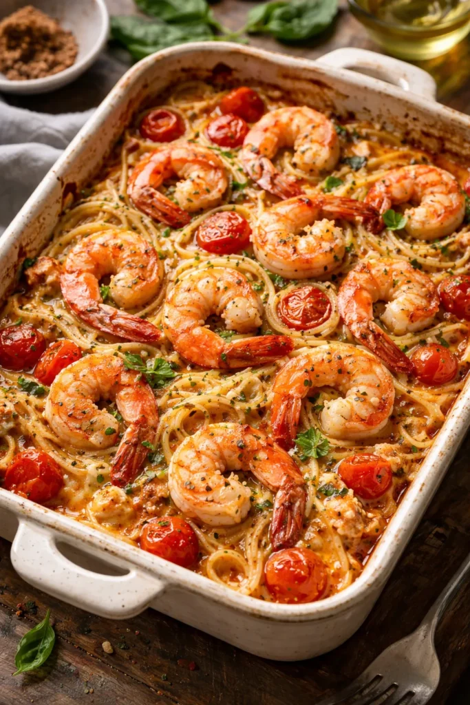 Close-up of shrimp baked feta pasta with feta, tomatoes and shrimp in a rustic dish