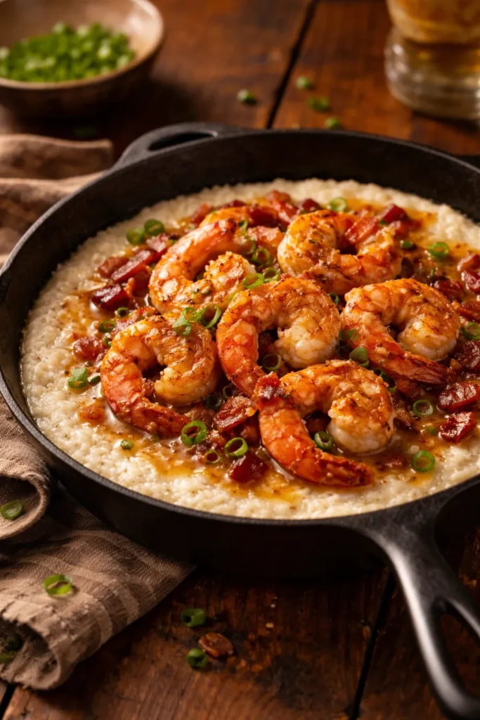 Creamy grits with seared shrimp and bacon in a cast-iron skillet