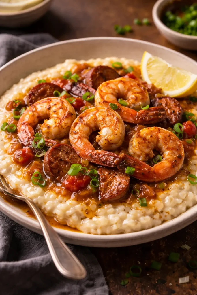 Shrimp and grits plated with shrimp on creamy grits