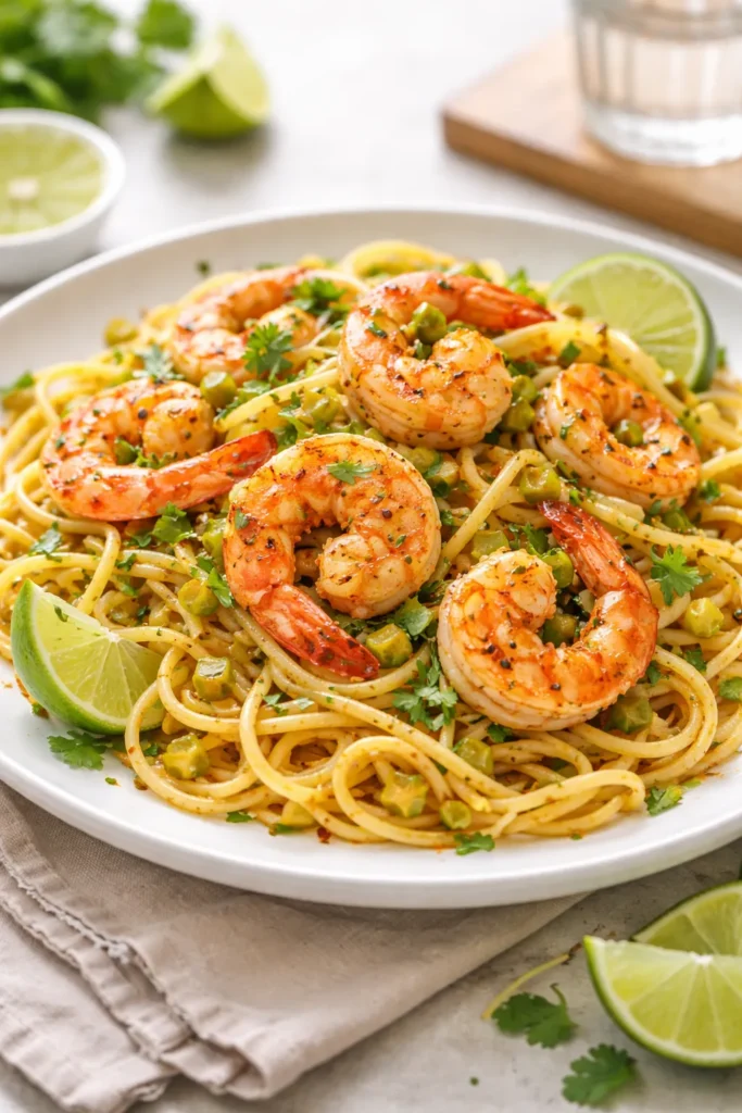 Plate of spicy Mexican shrimp pasta with shrimp and cilantro