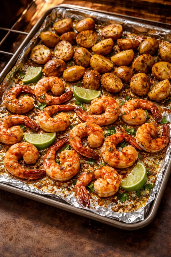 Chipotle lime shrimp with potatoes on a sheet pan.