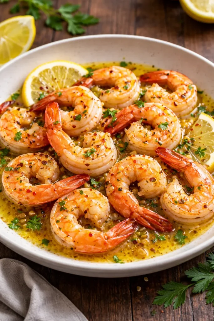 Shrimp scampi in garlic butter sauce served without pasta