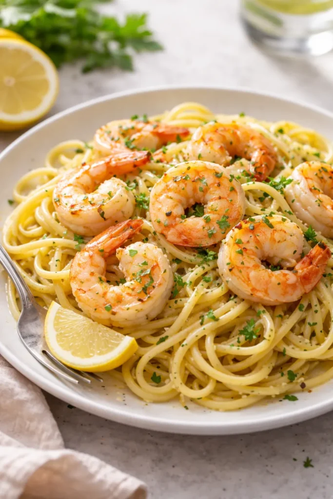 Shrimp scampi linguine plated restaurant-style