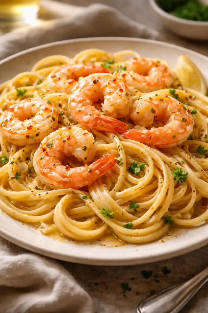 Plated shrimp scampi pasta with shrimp and glossy sauce
