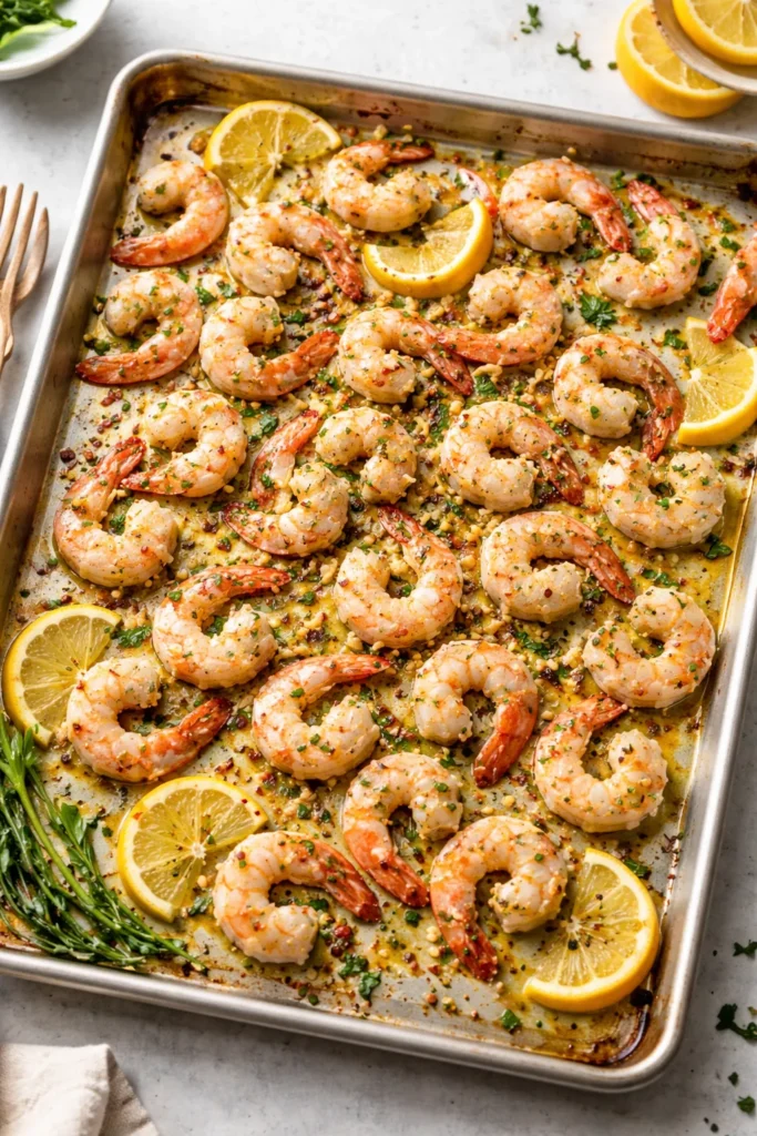 Shrimp on sheet pan with garlic and lemon