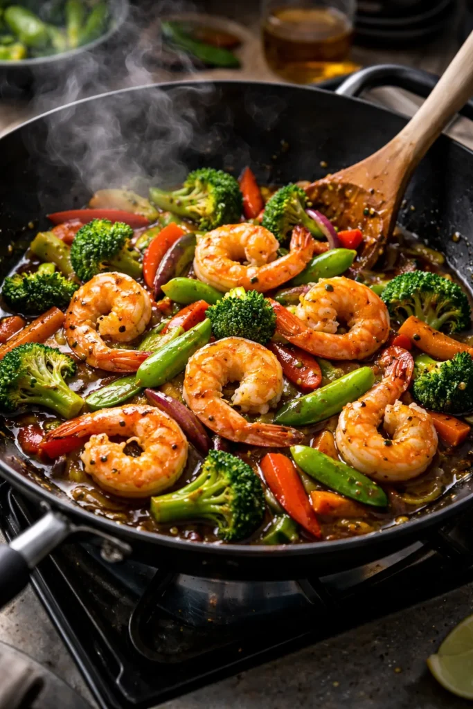 Shrimp and vegetables stir-fry in ginger-soy glaze