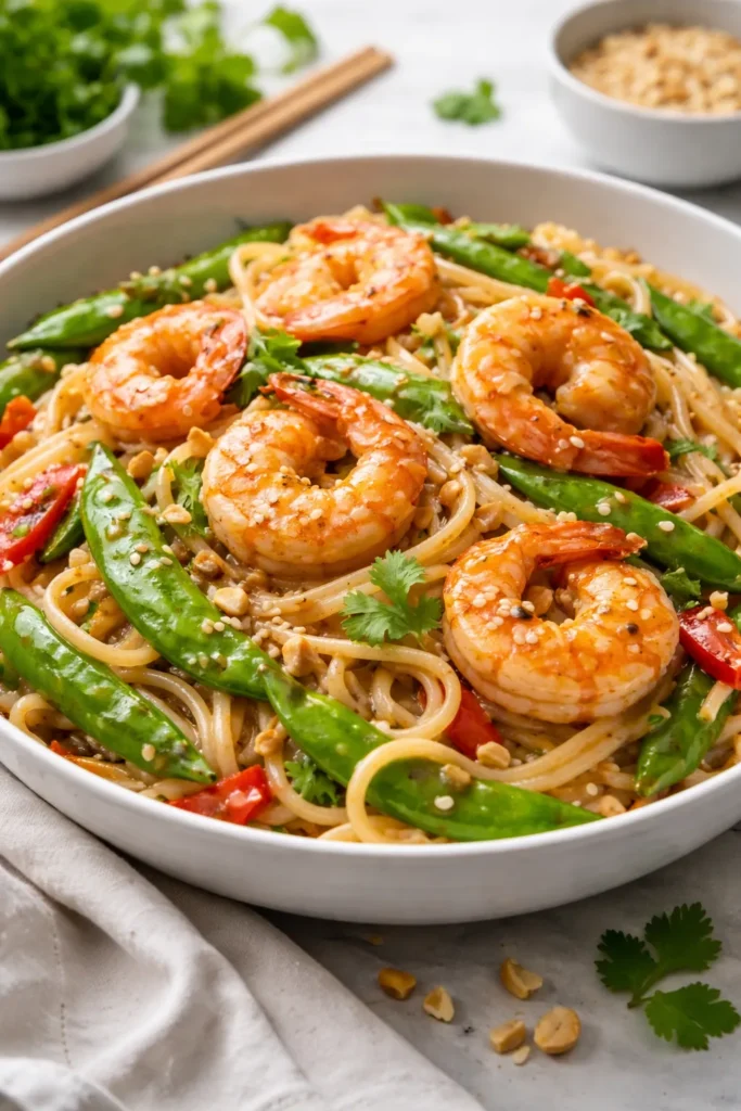 Shrimp with peanut sauce over rice noodles and vegetables