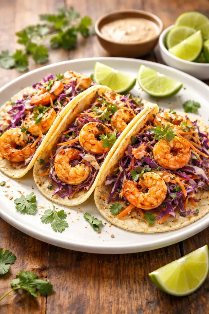 Shrimp tacos with chipotle lime slaw on a plate
