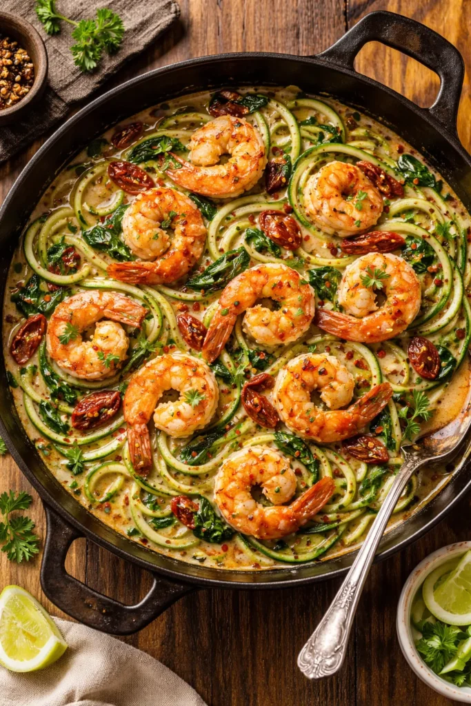 Shrimp in creamy coconut milk sauce with zucchini noodles