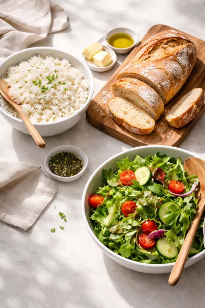 Rice, crusty bread, and green salad as quick sides for skillet dinners