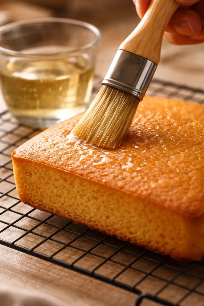 Pastry brush applying simple syrup to warm cake