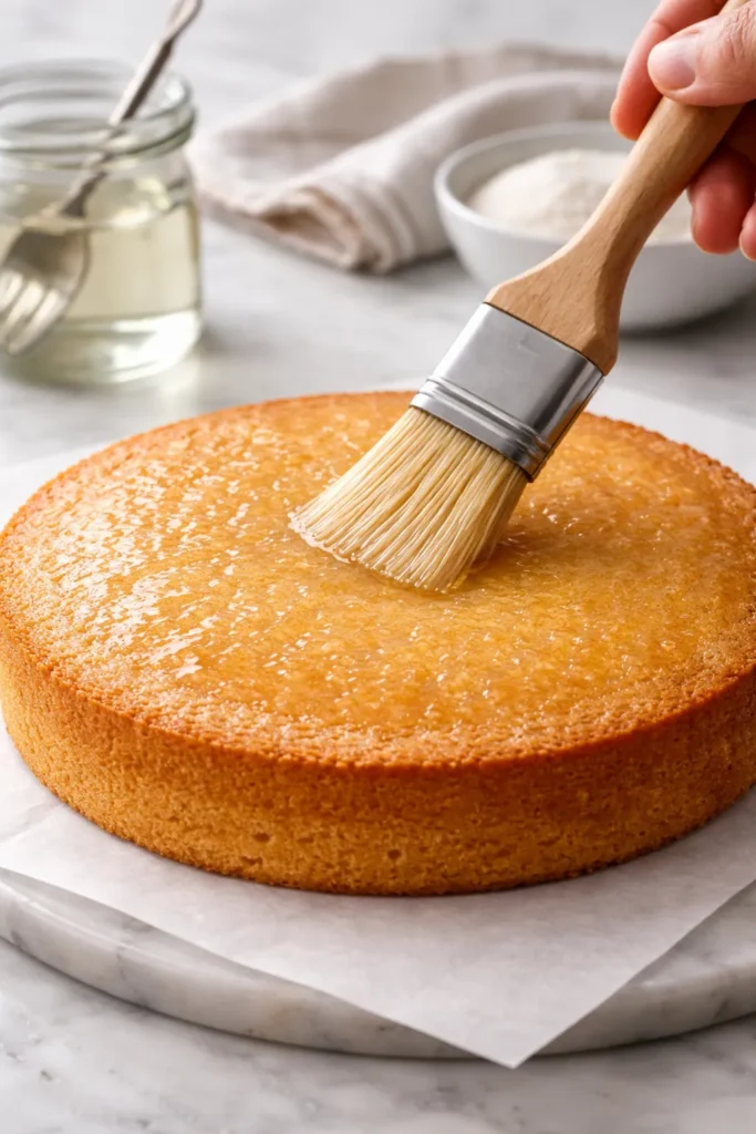 Pastry brush applying simple syrup to a cooled cake layer
