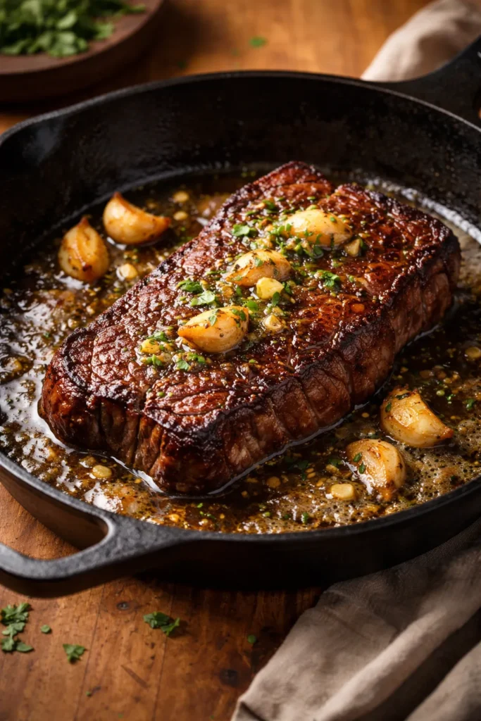 Close-up of pan-seared sirloin with garlic butter in a cast-iron skillet