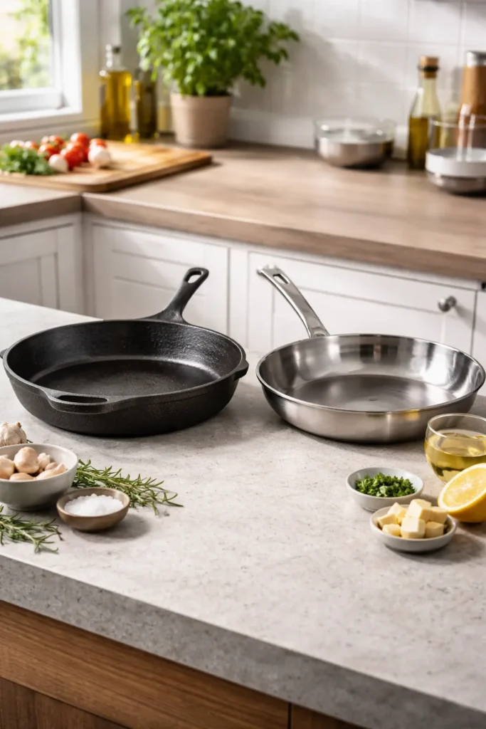 Cast iron and stainless steel skillets on counter