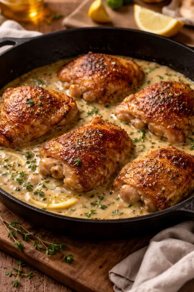 Close-up of skillet chicken thighs in a creamy garlic-lemon-thyme sauce.