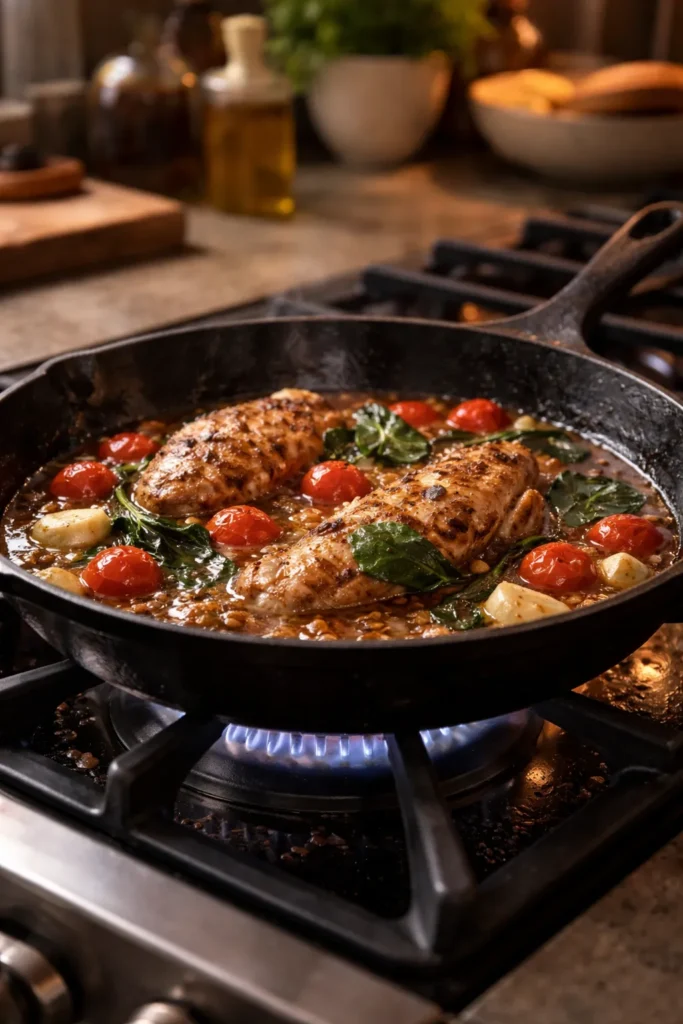 Close-up of a cast iron skillet searing on a stove with fond and sear marks.