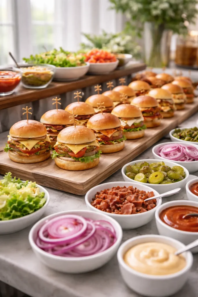 Slider station with mini burgers and toppings at a wedding