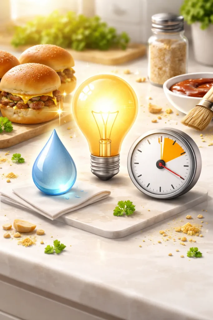 Abstract icons representing tips for slider recipes: lightbulb, clock, and droplet