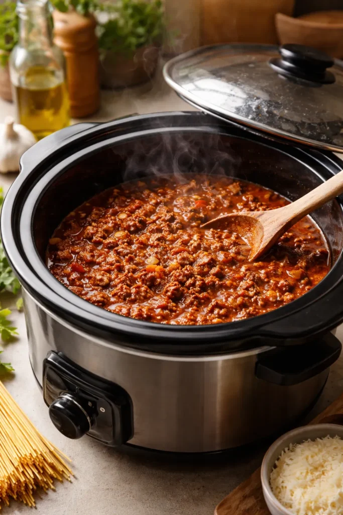 Close-up of a slow cooker with rich bolognese sauce visible inside and steam rising