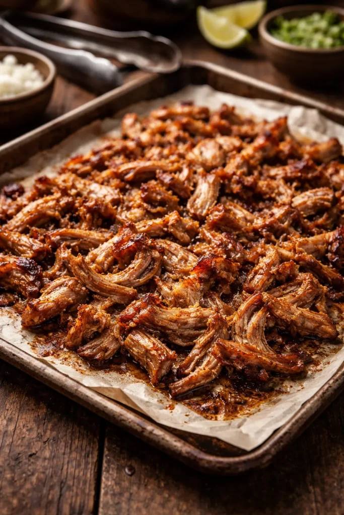 Slow Cooker Carnitas: close-up of tender shredded pork with crispy edges