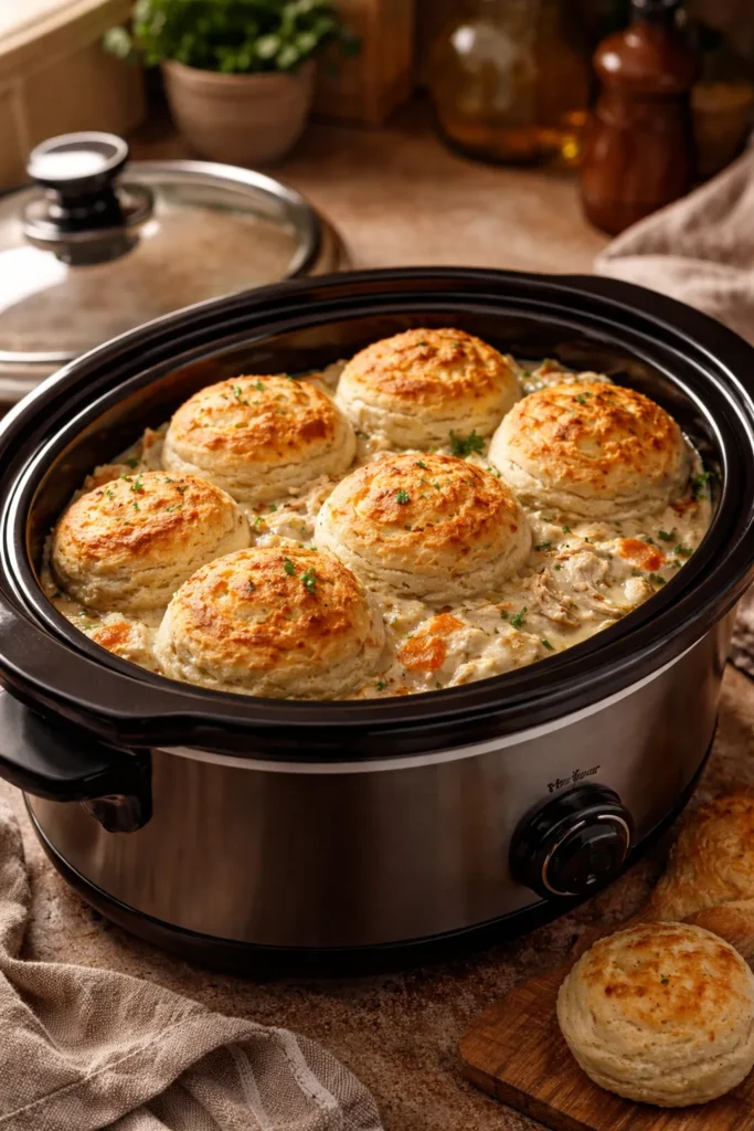 Slow cooker with open lid showing chicken filling and biscuit tops